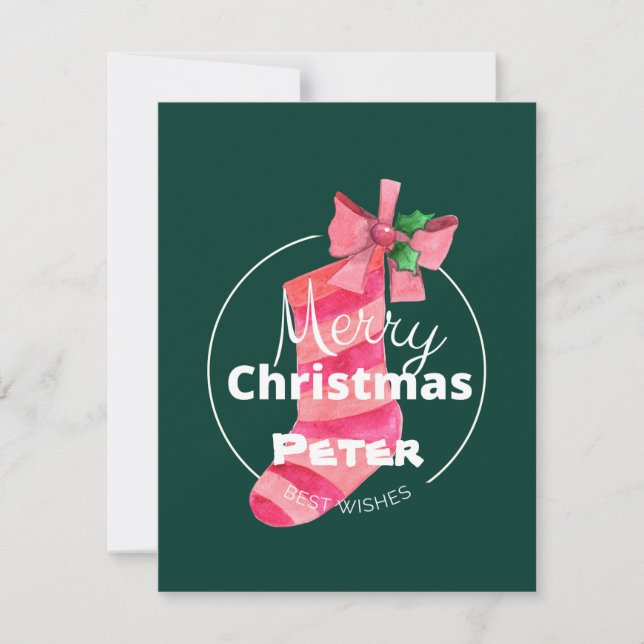 Monogram Merry Christmas Best wishes ribbon green  Card (Front)