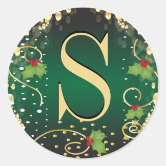 Monogram Merry Christmas - Green Classic Round Sticker