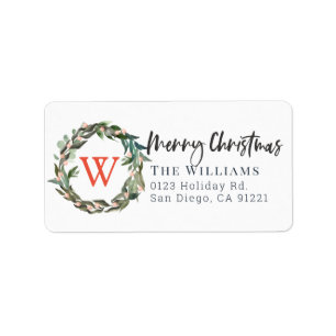 Monogram Merry Christmas Greenery Wreath Holiday Label