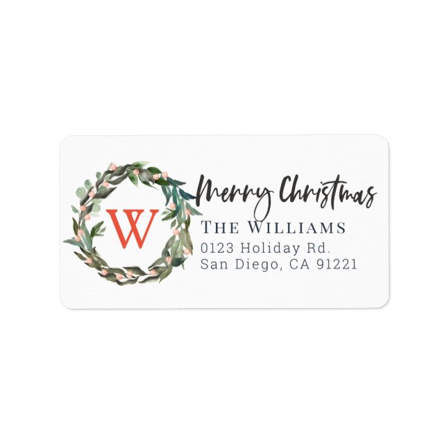 Monogram Merry Christmas Greenery Wreath Holiday Label (Front)