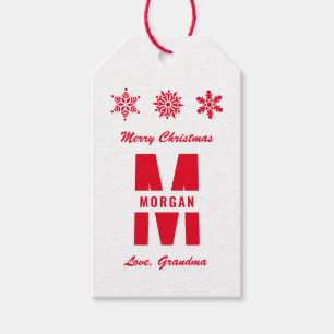 Monogram Merry Christmas Happy Holidays White Red Gift Tags