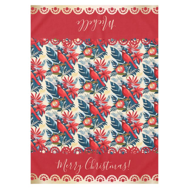 Monogram Merry Christmas & Happy New Year! Floral  Tablecloth (Front)