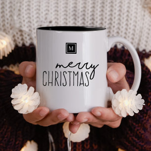 Monogram Merry Christmas Modern Two-Tone Coffee Mug