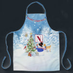 Monogram Merry Christmas Snowman Cardinal Deer Owl Apron<br><div class="desc">"Monogram Merry Christmas Snowman Cardinal Deer Owl." Your monogram initial is easily replaced in the template field to customised for your family or as a gift. Lovely dreamy snowfall forest background is perfect for the holiday & Christmas season. An adorable snowman is decorating a Christmas tree with his friends the...</div>