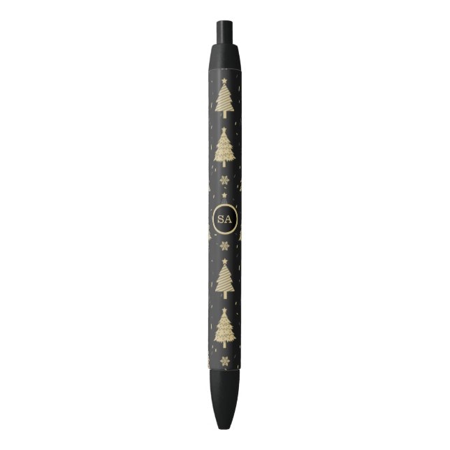 Monogram Merry Christmas Tree Snow Gold Star Black Ink Pen (Front Vertical)