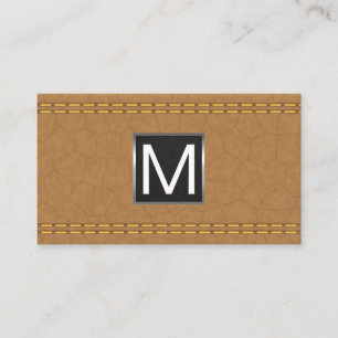 Monogram Metal Trim Double Stitched Tan Leather Business Card