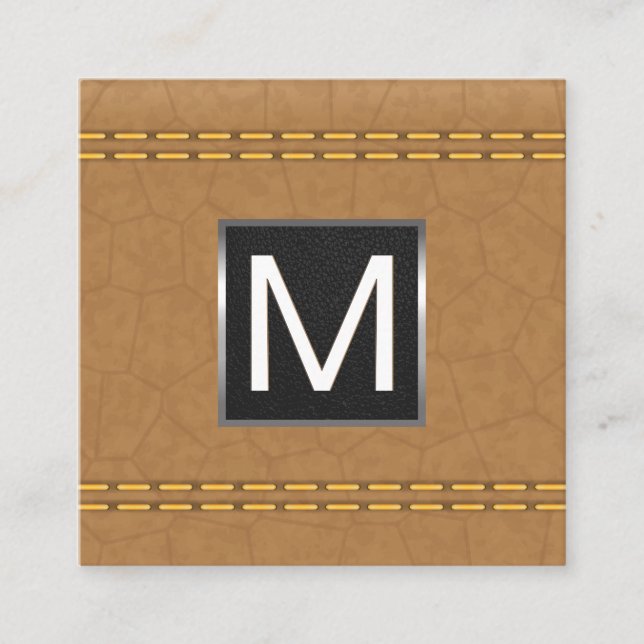 Monogram Metal Trim | Double Stitched Tan Leather Square Business Card (Front)