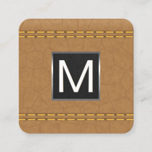 Monogram Metal Trim   Double Stitched Tan Leather Square Business Card