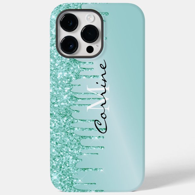 Monogram Metallic Aqua Blue Glitter Drip Android + Case-Mate iPhone Case (Back)