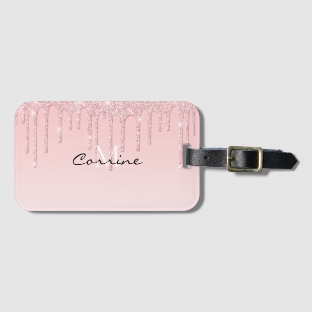 Monogram Metallic Baby Pink Dripping Glitter Icing Luggage Tag (Front Horizontal)