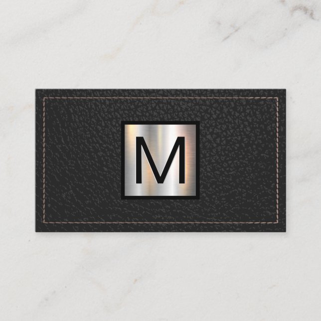 Monogram Metallic Banner | Stitched Black Leather Business Card (Front)