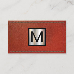 Monogram Metallic Banner   Stitched Red Leather Business Card