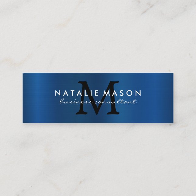 Monogram | Metallic Blue Background Mini Business Card (Front)