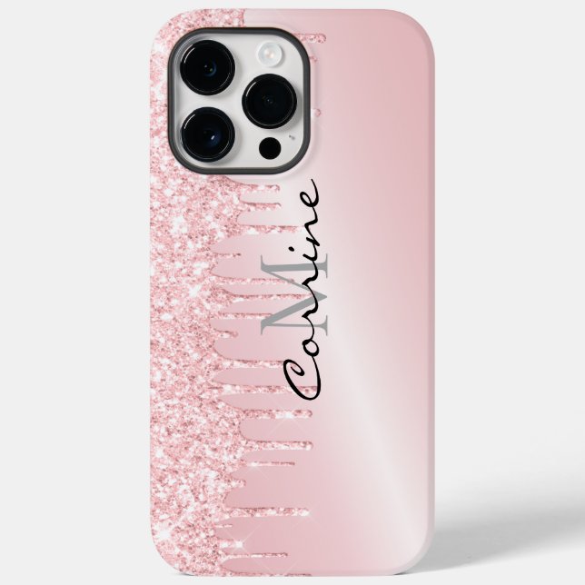 Monogram Metallic Blush Pink Dripping Glitter Case-Mate iPhone Case (Back)