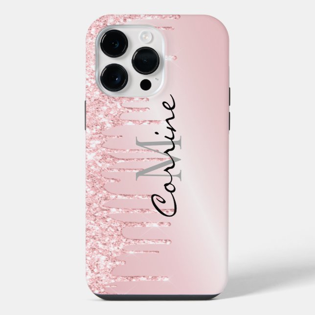 Monogram Metallic Blush Pink Dripping Glitter iPhone Case (Back)