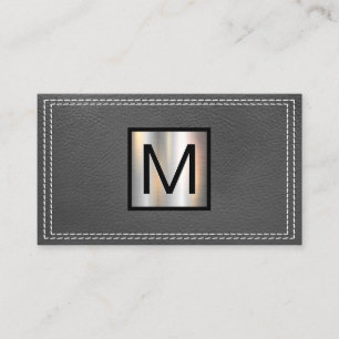 Monogram Metallic Double Stitched Grey Leather Business Card