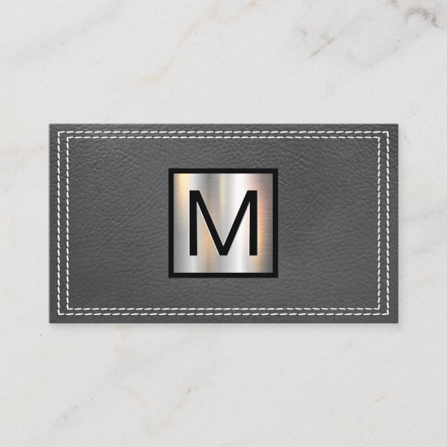 Monogram Metallic | Double Stitched Grey Leather Business Card (Front)