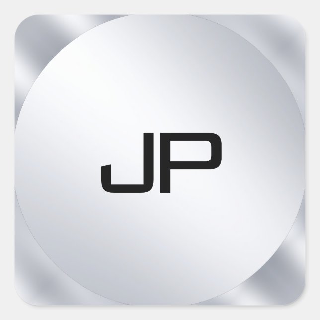 Monogram Metallic Faux Silver Template Modern Square Sticker (Front)