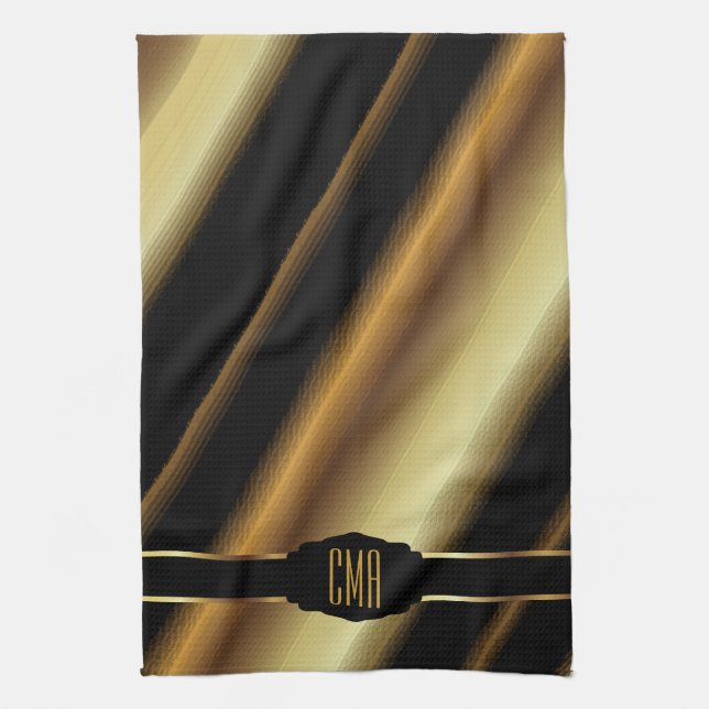 Monogram Metallic Gold Abstract Diagonal Stripes Tea Towel (Vertical)