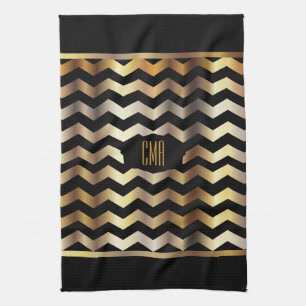 Monogram Metallic Gold & Black Stripe Chevron Tea Towel