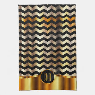 Monogram Metallic Gold & Black Stripe Chevron Tea Towel