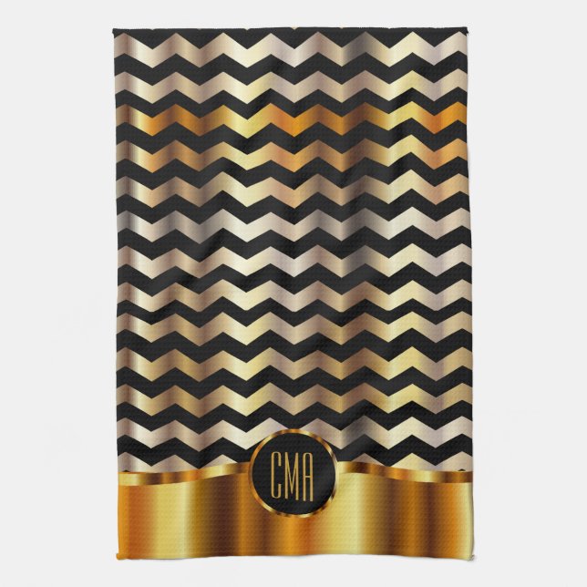 Monogram Metallic Gold & Black Stripe Chevron Tea Towel (Vertical)