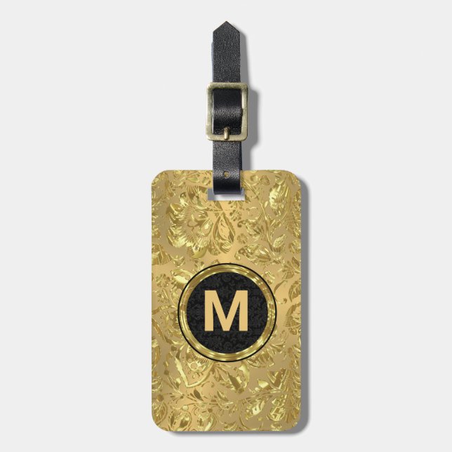 Monogram Metallic Gold Damask Luggage Tag (Front Vertical)