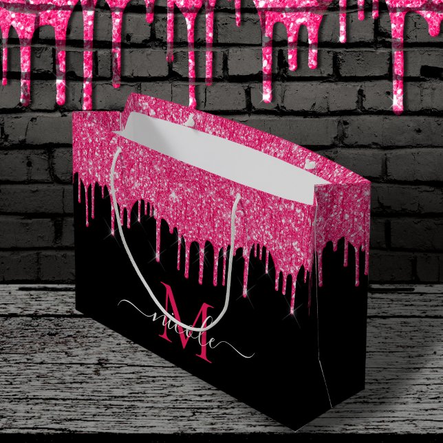 Monogram Metallic Hot Pink Dripping Glitter Black Large Gift Bag (Creator Uploaded)