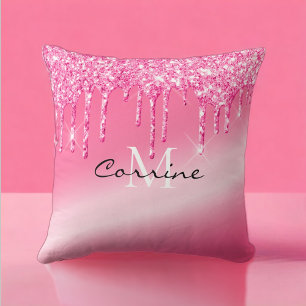 Monogram Metallic Hot Pink Neon Dripping Glitter Cushion