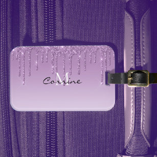 Monogram Metallic Lavender Purple Dripping Glitter Luggage Tag