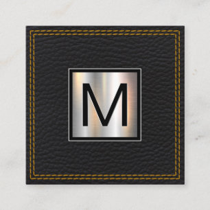 Monogram Metallic Leather Black Double Stitched Square Business Card