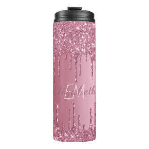 Monogram Metallic Pink Dripping Glitter Girly  Thermal Tumbler