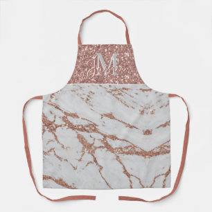 Monogram Metallic Pink Rose Gold Marble & Glitter Apron