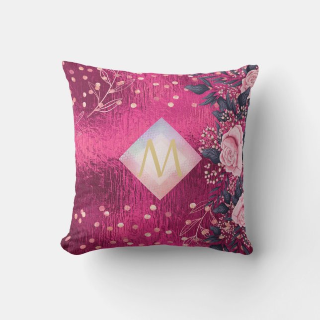 Monogram Metallic Pink Rosegold Navy Glitter Girly Cushion (Front)