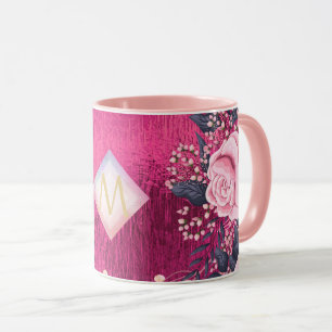 Monogram Metallic Pink Rosegold Navy Glitter Girly Mug