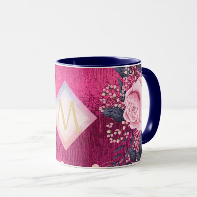 Monogram Metallic Pink Rosegold Navy Glitter Girly Mug (Front Right)
