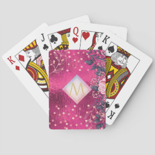 Monogram Metallic Pink Rosegold Navy Glitter Girly Playing Cards