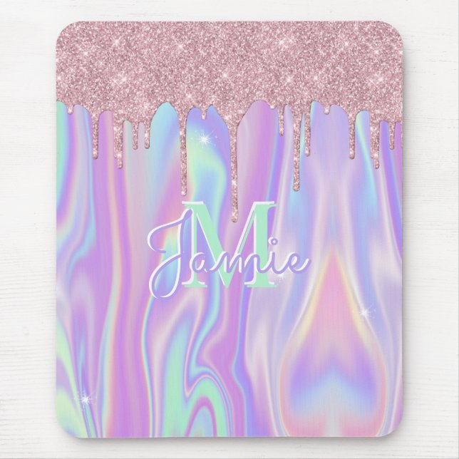 Monogram Metallic Rose Gold Glitter & Iridescent Mouse Mat (Front)