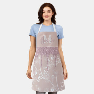 Monogram Metallic Rose Gold Glitter & Mauve Floral Apron