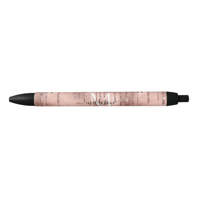 Monogram Metallic Rose Gold Pink Glitter Drips Black Ink Pen (Front)