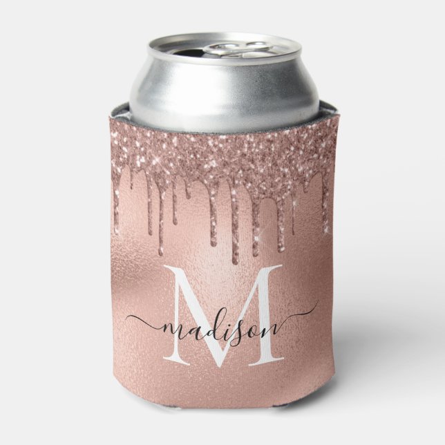 Monogram Metallic Rose Gold Pink Glitter Drips Can Cooler (Can Front)