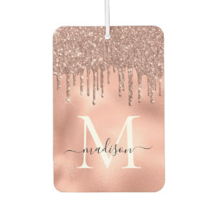 Monogram Metallic Rose Gold Pink Glitter Drips Car Air Freshener