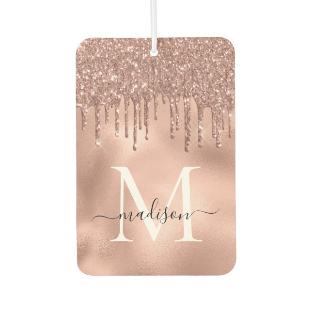 Monogram Metallic Rose Gold Pink Glitter Drips Car Air Freshener (Front)