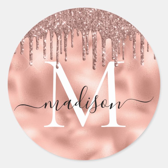 Monogram Metallic Rose Gold Pink Glitter Drips Classic Round Sticker (Front)
