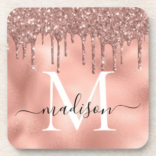 Monogram Metallic Rose Gold Pink Glitter Drips Coaster