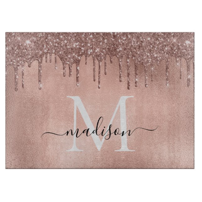 Monogram Metallic Rose Gold Pink Glitter Drips Cutting Board (Front)
