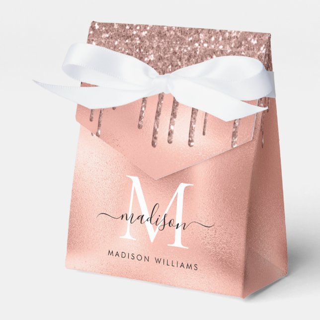 Monogram Metallic Rose Gold Pink Glitter Drips Favour Box (Front Side)
