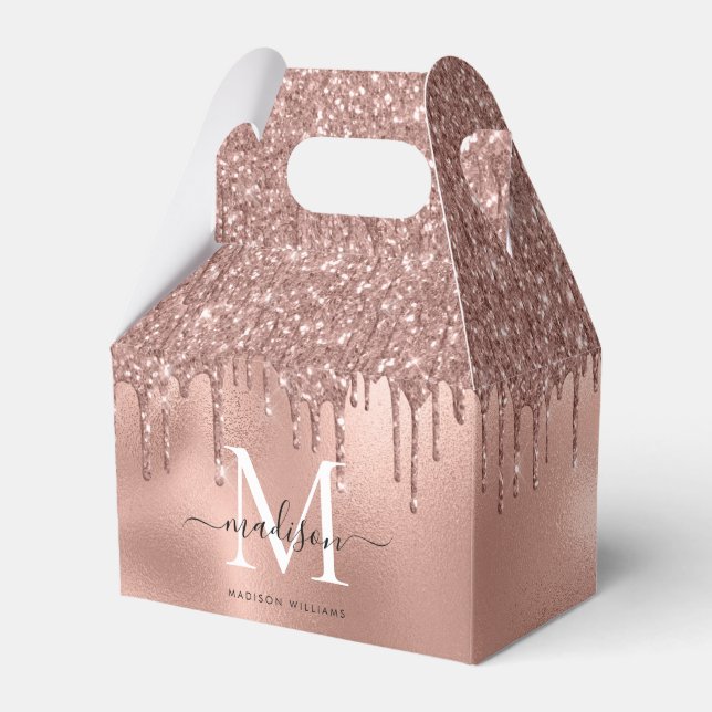 Monogram Metallic Rose Gold Pink Glitter Drips Favour Box (Front Side)