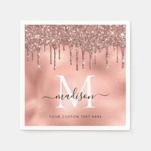 Monogram Metallic Rose Gold Pink Glitter Drips Napkin