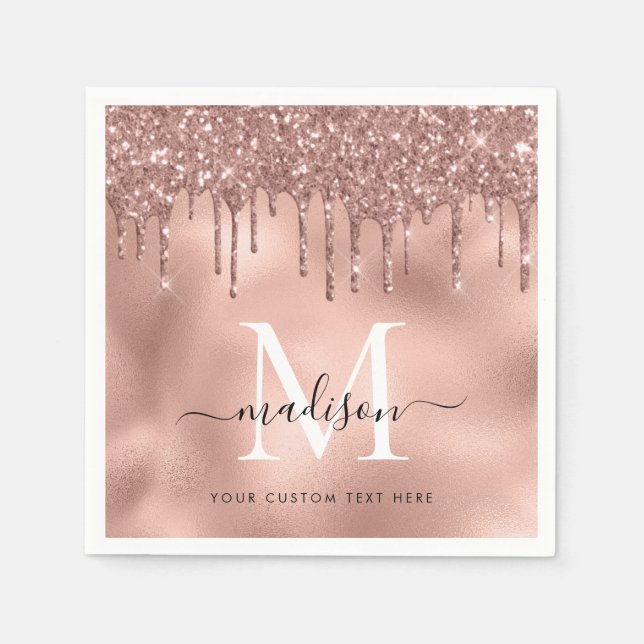Monogram Metallic Rose Gold Pink Glitter Drips Napkin (Front)